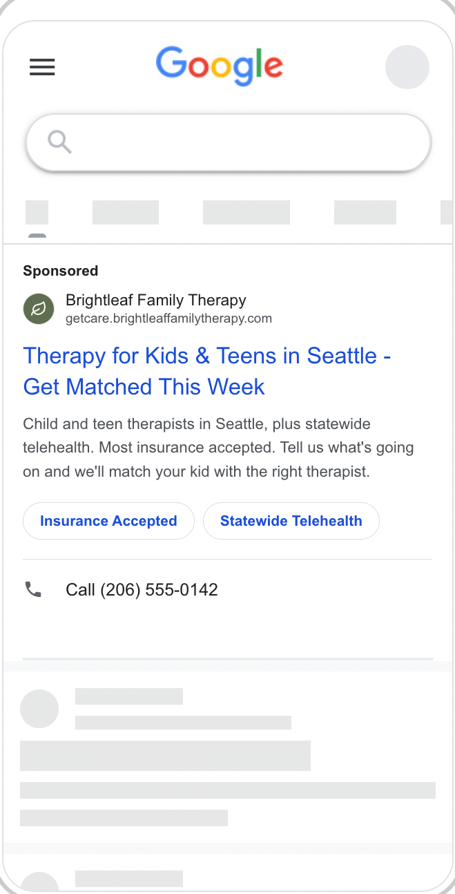 A Google search ad for a therapy practice on a phone