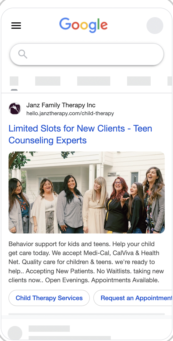 A Google search ad for a therapy practice on a phone